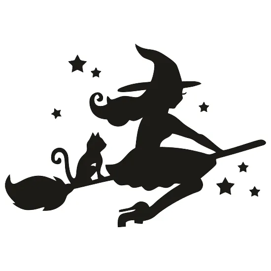 Виниловая наклейка – Ведьма с котиком на метле под звездами 🌙🧹🐈