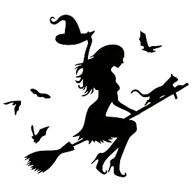 Виниловая наклейка – Ведьма на метле с кошкой и летучими мышами 🧙‍♀️