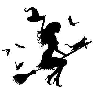 Виниловая наклейка – Ведьма на метле с кошкой и летучими мышами 🧙‍♀️