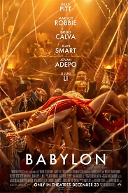 Захоплюючий постер фільму "BABYLON" з MARGOT ROBBIE в яскравому червоному платті