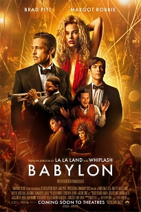 Яркий золотой постер фильма "BABYLON" с MARGOT ROBBIE и Брэдом Питтом в главных ролях