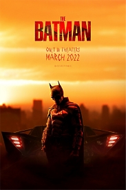 Яскравий помаранчевий постер фільму "Бетмен" (Batman 2022) з бетменом на фоні бетмобіля - ідеальний декор для вашого інтер'єру