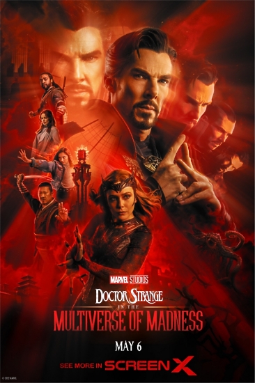 Купить постер "Doctor Strange: Multiverse of Madness" - яркий красный дизайн со всеми персонажами, главным актером Бенедиктом Камбербэтчем