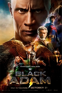 Яркий черный постер фильма "Черный адам" (Black Adam) с Дуэйном Джонсоном и Пирсом Броснаном, Генри Кавиллом и Сарой Шахи.