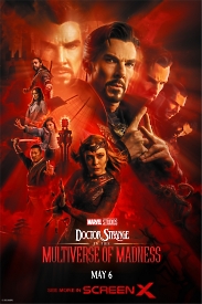 Купити постер "Doctor Strange: Multiverse of Madness" - яскравий червоний дизайн з усіма персонажами, головним актором Бенедиктом Камбербетчем