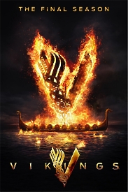 Постер "Останній сезон Vikings" з вогнем галерою та символікою вікінгів